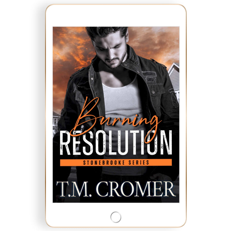 Book cover of 'Burning Resolution' by T.M. Cromer on a tablet device.