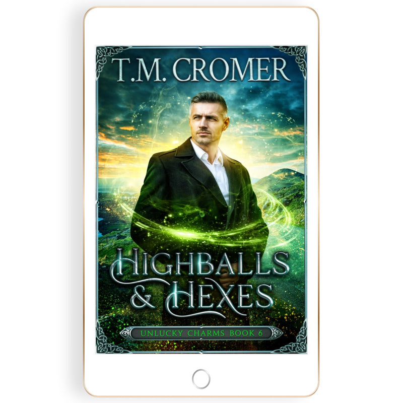Book cover of 'Highballs & Hexes' by T.M. Cromer on a tablet device.