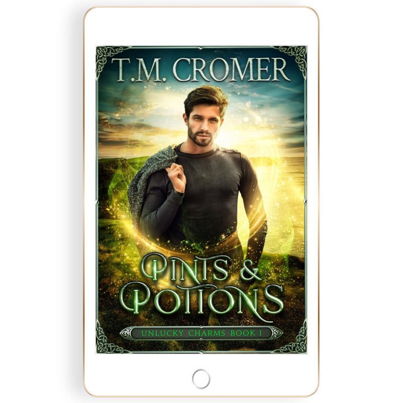 Book cover of 'Pins & Potions' by T.M. Cromer on a tablet device