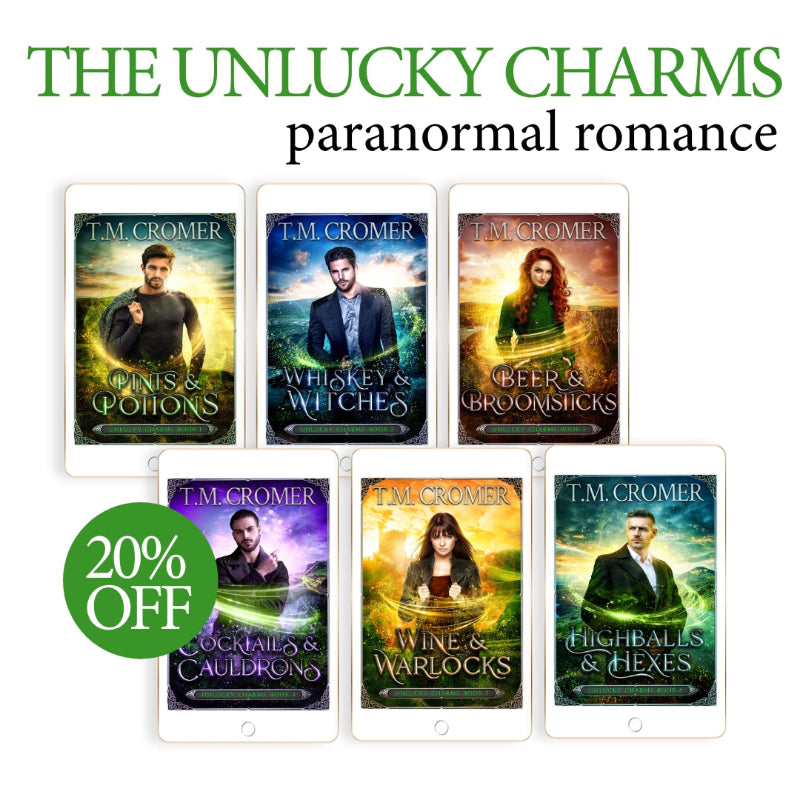 Group graphic for 'The Unlucky Charms' paranormal romance series by T.M. Cromer with six ebook covers and a 20% discount offer.