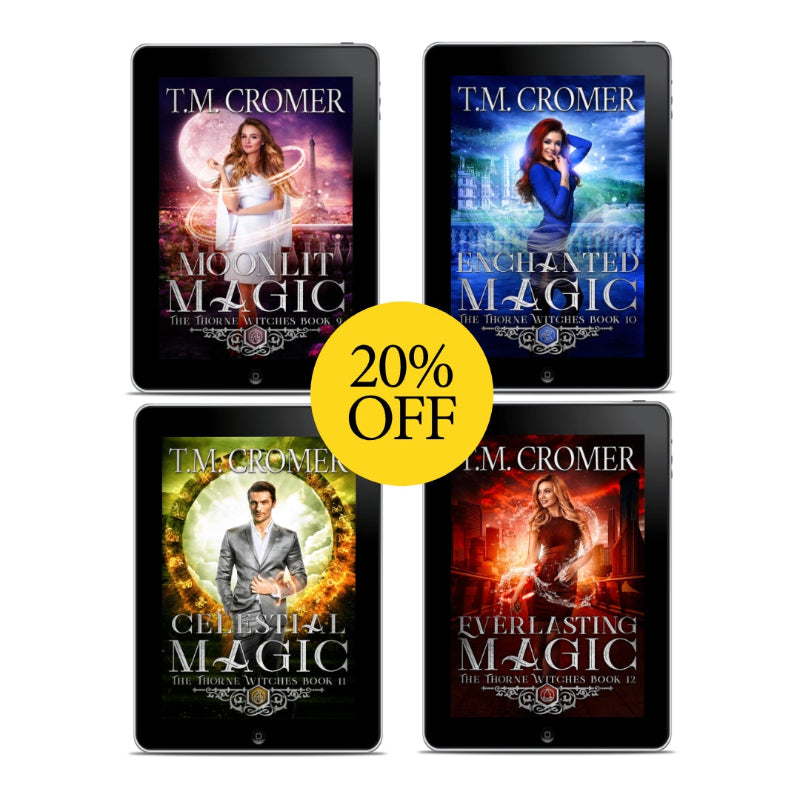 Four tablet screens displaying The Thorne Witches 9-12 ebook covers by T.M. Cromer with a 20% off label.