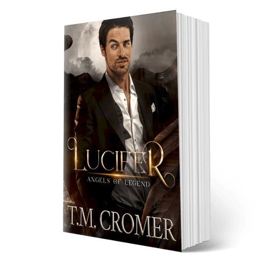 A 3D mockup of a paperback book titled 'Lucifer: Angels of Legend' by T.M.