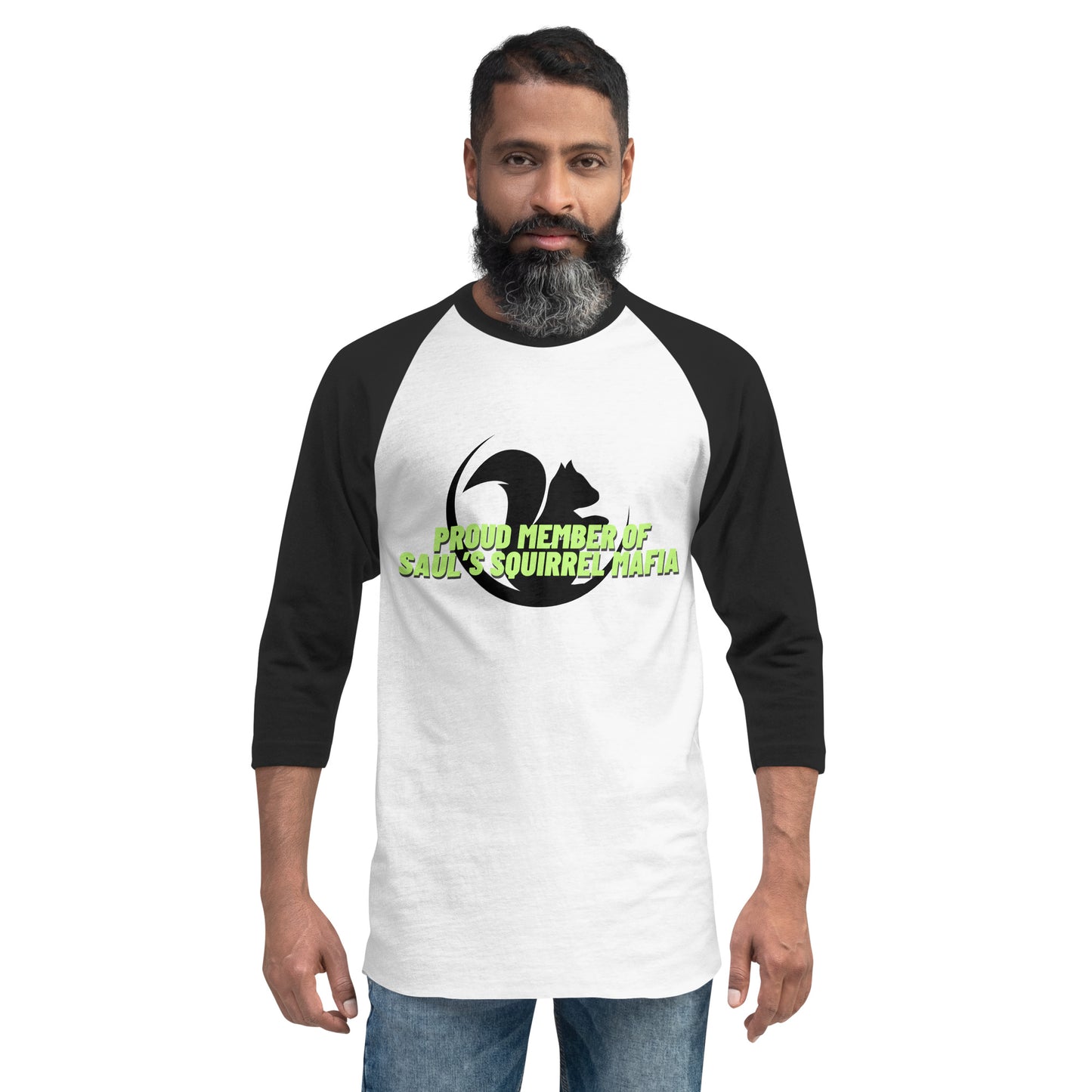 Sauls Eichhörnchenmafia – Raglan-Shirt mit 3/4-Ärmeln (hellgrüner Schriftzug)