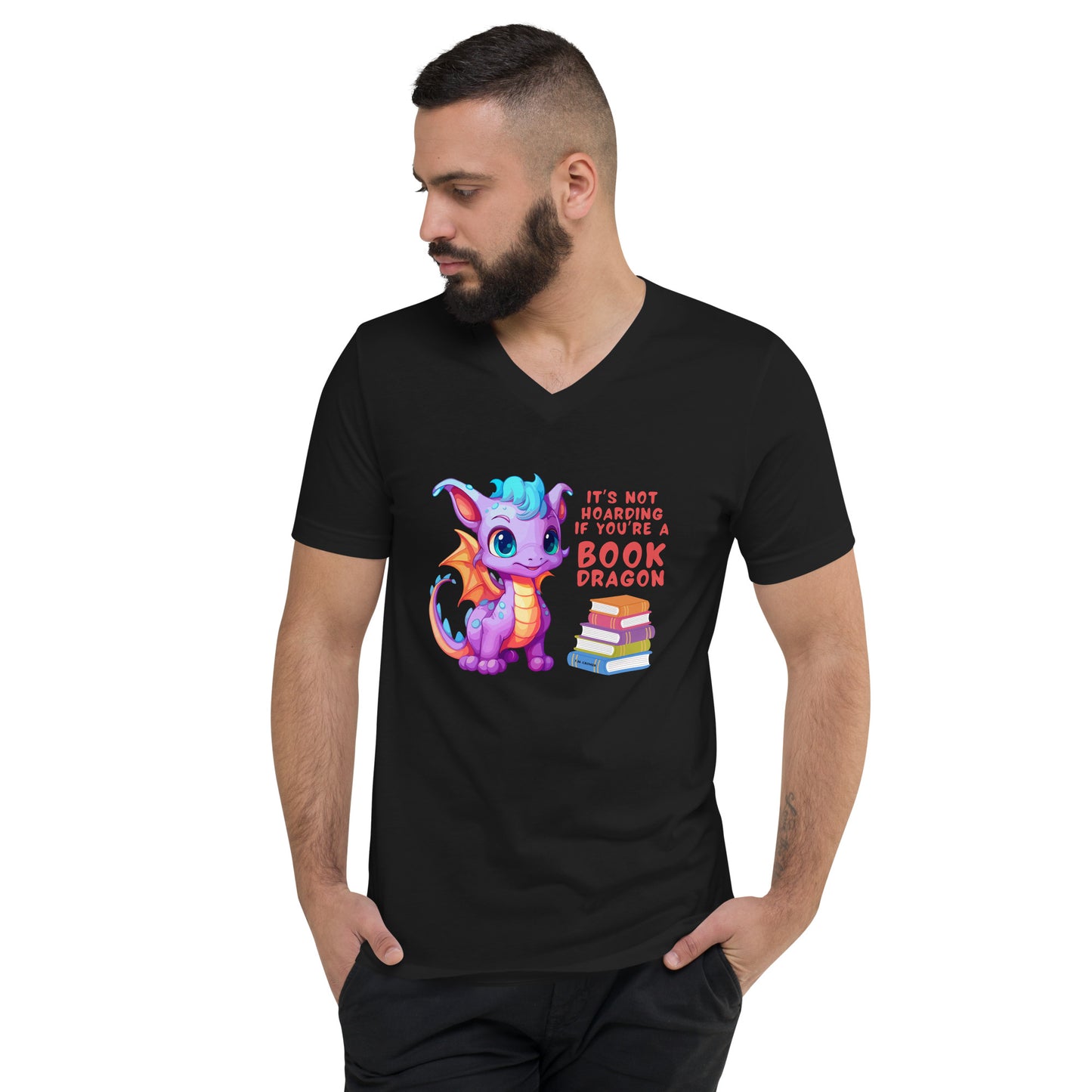 Bücherdrache - Unisex V-Ausschnitt T-Shirt